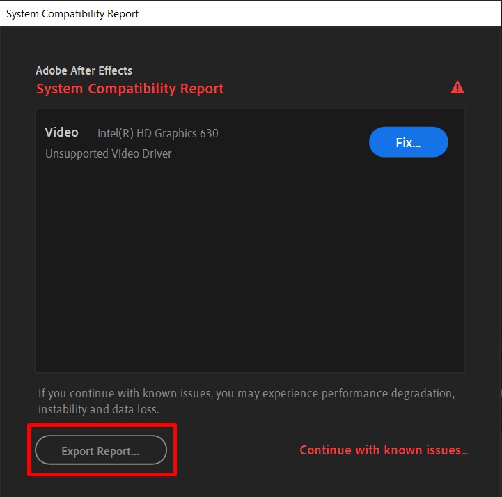 ارور system compatibility report در افترافکت
